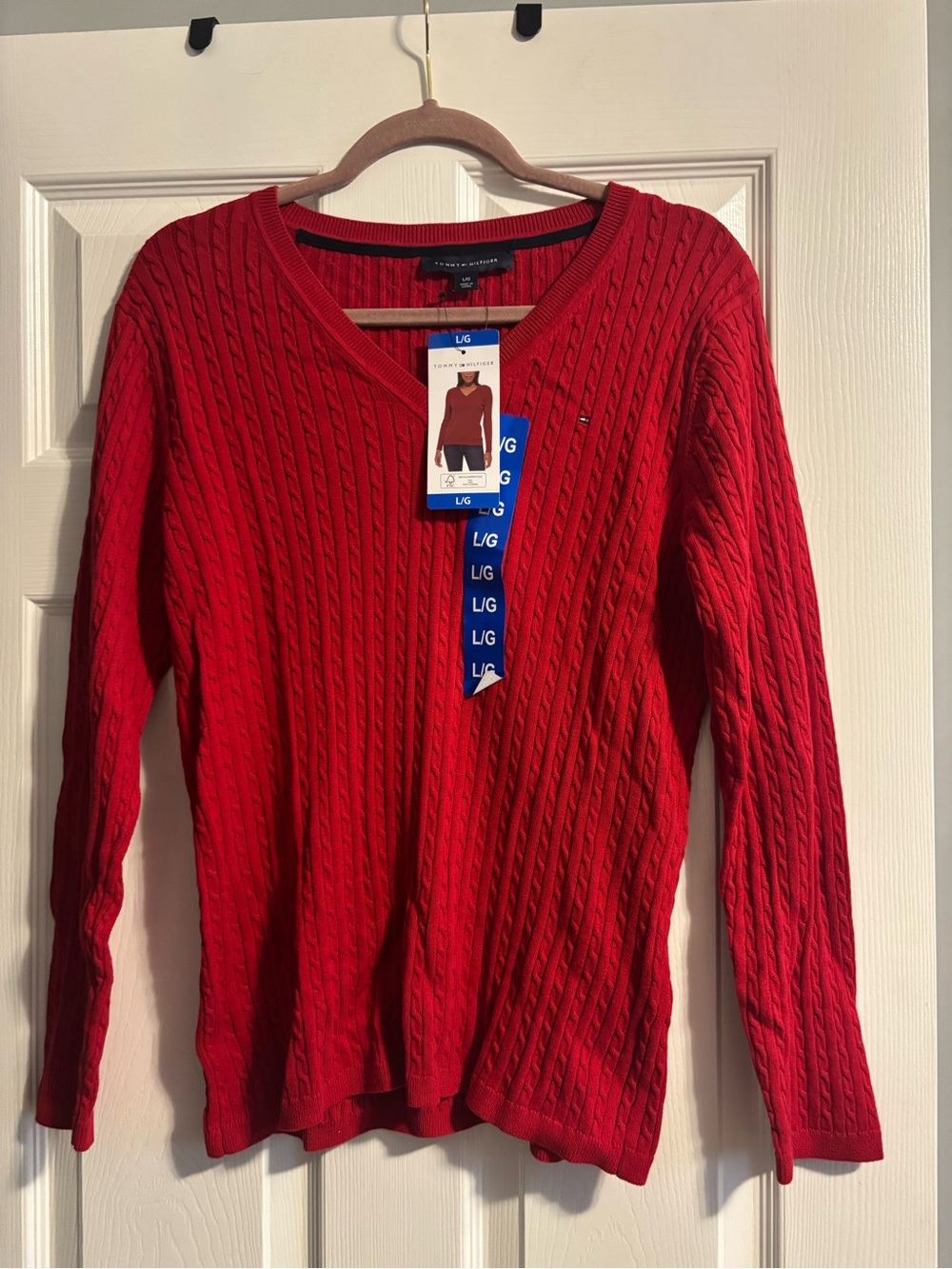 Tommy Hilfiger Bright Red Cable-Knit V-Neck Sweater